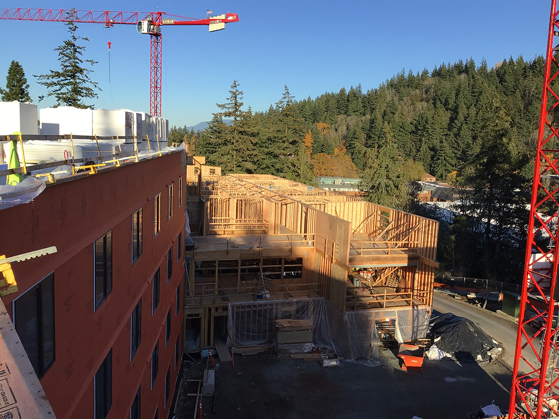 Partially built new residence hall with tower cranes against blue sky and pine trees